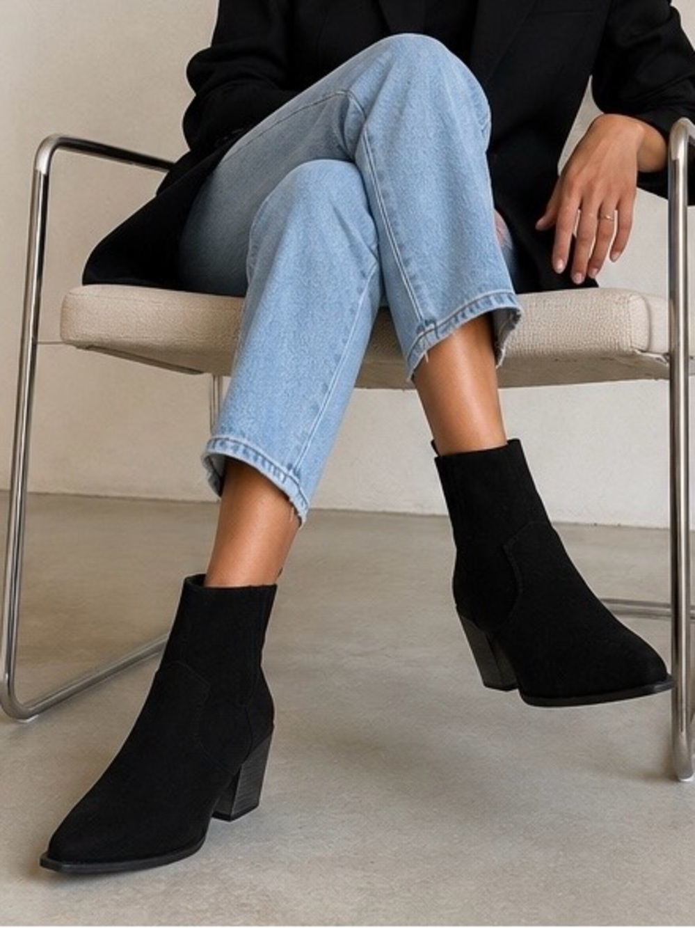 Black Western Ankle Booties Pointed Toe Block Heel Minimalist Cowgirl Boots